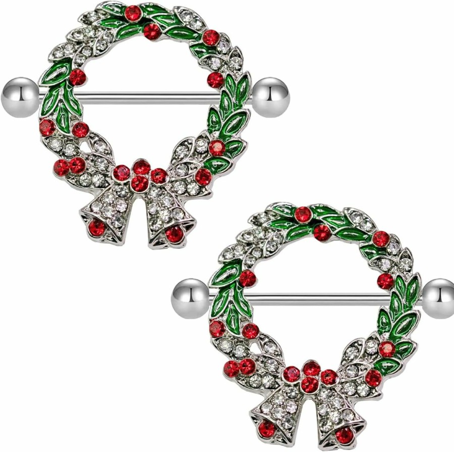 FLOGWE Flogwe 14G 316L Christmas Nipple Rings Piercing Stainless Steel Christmas Wreath And Gift Box Nipple Barbell Nipple Ring Body Pierced Jewelry For Women… | Body Piercing Barbells