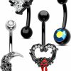 COCHARM Cocharm 4Pcs Moon Halloween Belly Button Rings Packs 14G Black Belly Button Ring Red Heart Belly Navel Rings For Women Men | Body Piercing Barbells