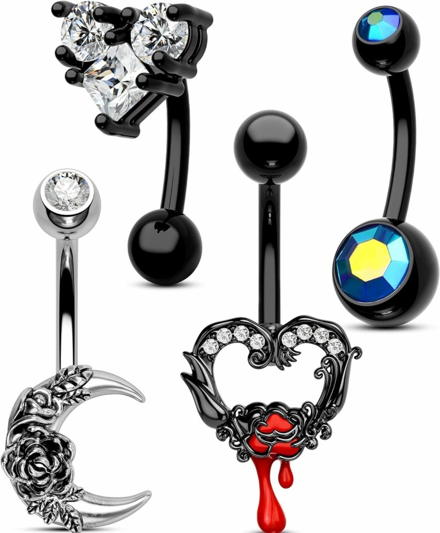 COCHARM Cocharm 4Pcs Moon Halloween Belly Button Rings Packs 14G Black Belly Button Ring Red Heart Belly Navel Rings For Women Men | Body Piercing Barbells