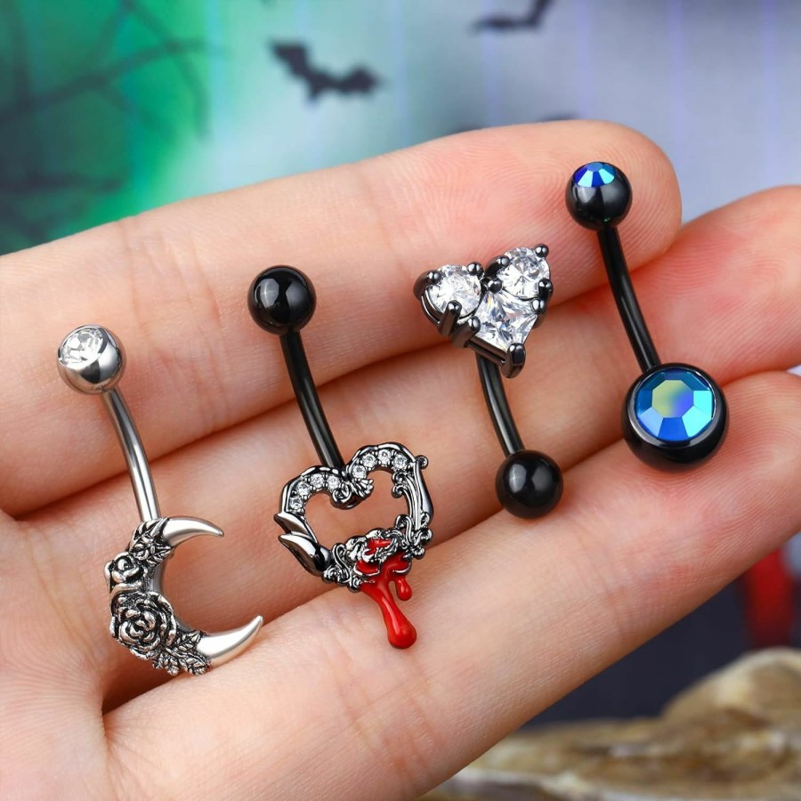 COCHARM Cocharm 4Pcs Moon Halloween Belly Button Rings Packs 14G Black Belly Button Ring Red Heart Belly Navel Rings For Women Men | Body Piercing Barbells