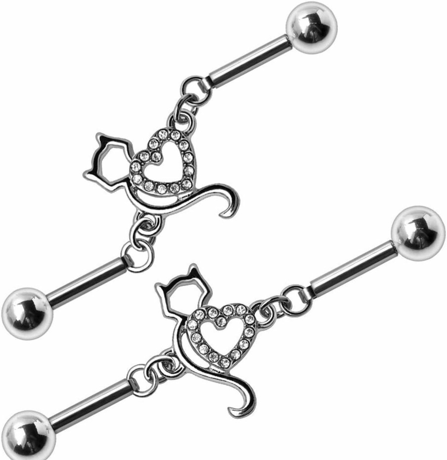 Amelia Fashion Amelia Fashion 14 Gauge Cat With Cz Heart Chain Industrial Barbell 316L Stainless Steel (Sold Individually) | Body Piercing Barbells