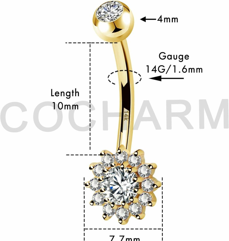 COCHARM Cocharm Women 14K Solid Gold Belly Button Rings For Women Flower Real Gold Bride Belly Piercing Jewelry Gold 14K Navel Rings 14G Yellow Gold Navel Piercing Dainty 14K Gold Belly Jewelry | Body Piercing Barbells