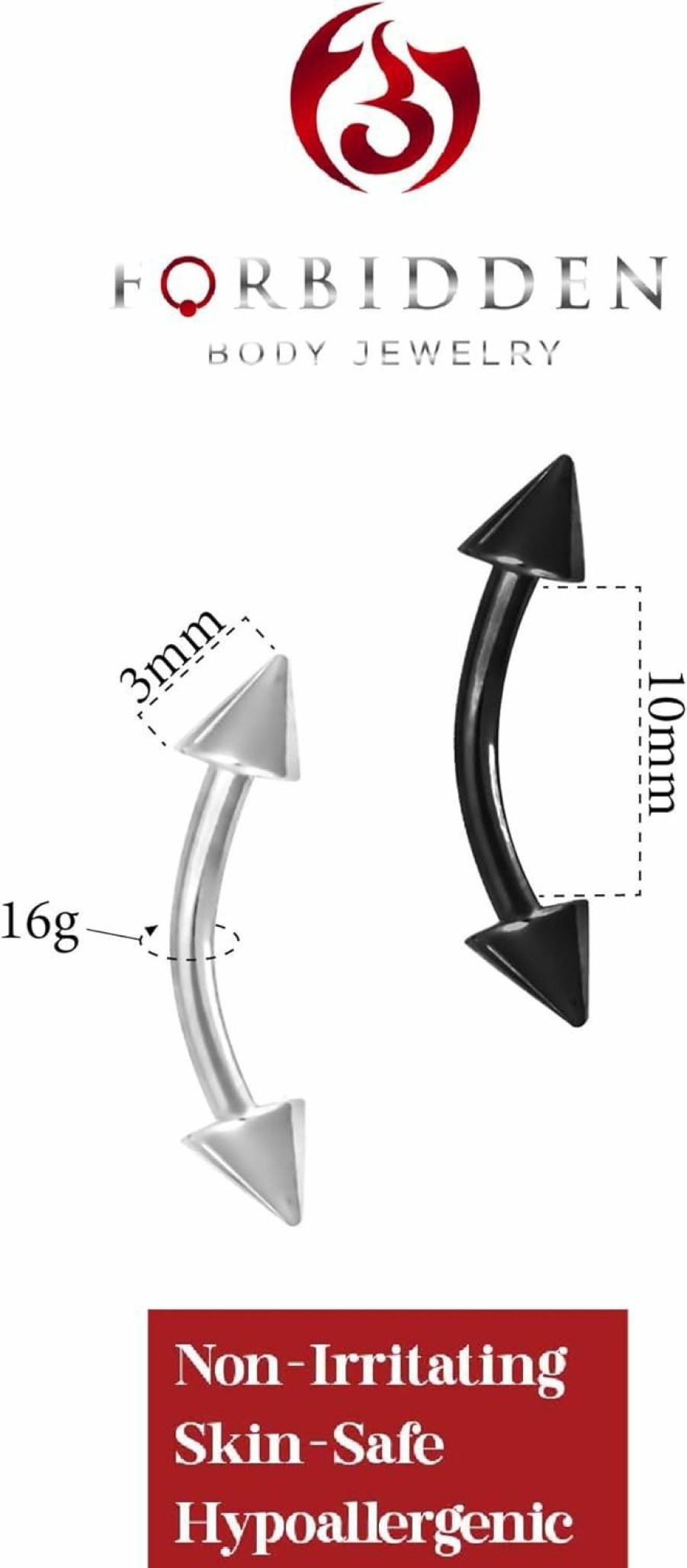 Forbidden Body Jewelry Forbidden Body Jewelry Set Of 2: 16G 8Mm Daith Earring, Eyebrow Ring And Rook Piercing, Double Spike Curved Barbells | Body Piercing Barbells