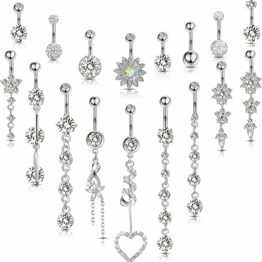 Yaomiao Yaomiao 18 Pcs 14G Stainless Steel Belly Button Ring Rhinestone Heart Dangle Belly Button Rings For Women Belly Button Rings | Body Piercing Barbells