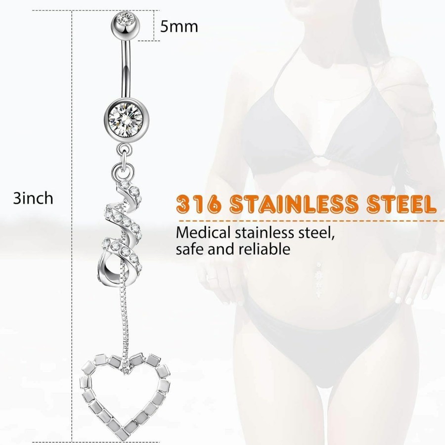 Yaomiao Yaomiao 18 Pcs 14G Stainless Steel Belly Button Ring Rhinestone Heart Dangle Belly Button Rings For Women Belly Button Rings | Body Piercing Barbells