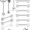 Prjndjw Prjndjw 14Pcs 14G Surgical Steel Tongue Rings Teaser Double Barbell With Slave Ring Body Piercing Jewelry For Women Men Skull/Flower/Silicone Soft Spike Ball/Glitter/Door Knocker Tongue Ring | Body Piercing Barbells