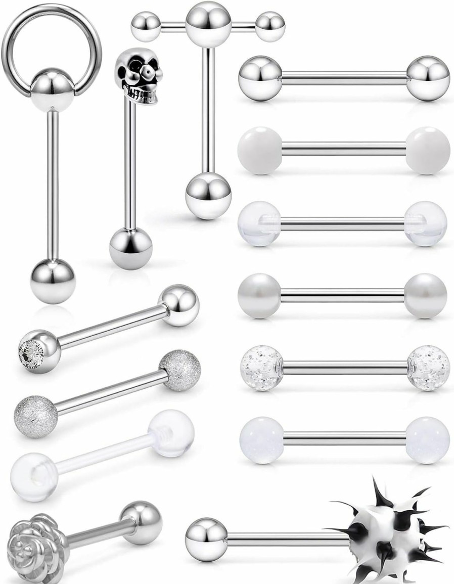 Prjndjw Prjndjw 14Pcs 14G Surgical Steel Tongue Rings Teaser Double Barbell With Slave Ring Body Piercing Jewelry For Women Men Skull/Flower/Silicone Soft Spike Ball/Glitter/Door Knocker Tongue Ring | Body Piercing Barbells