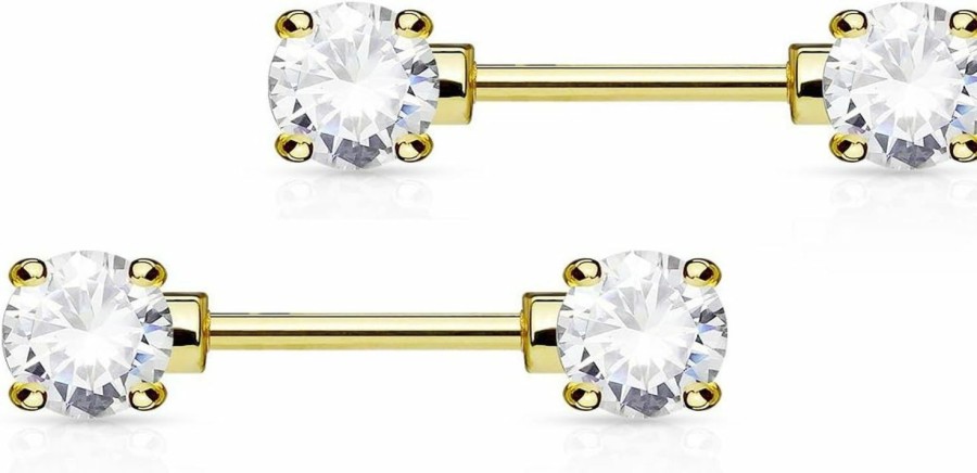 Forbidden Body Jewelry Forbidden Body Jewelry 14G 1/2 Inch (12Mm) Surgical Steel & Gold Plated Cz Crystal Front Facing Gemmed Nipple Ring Barbell Set | Body Piercing Barbells