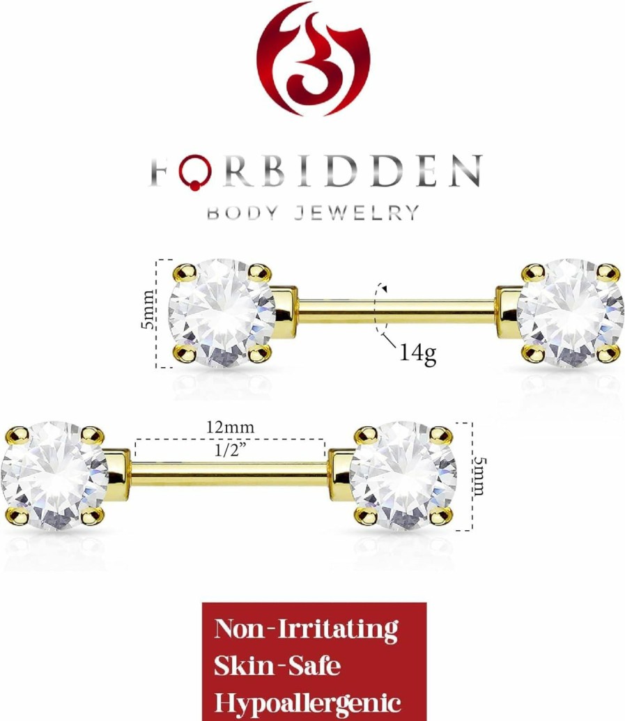 Forbidden Body Jewelry Forbidden Body Jewelry 14G 1/2 Inch (12Mm) Surgical Steel & Gold Plated Cz Crystal Front Facing Gemmed Nipple Ring Barbell Set | Body Piercing Barbells