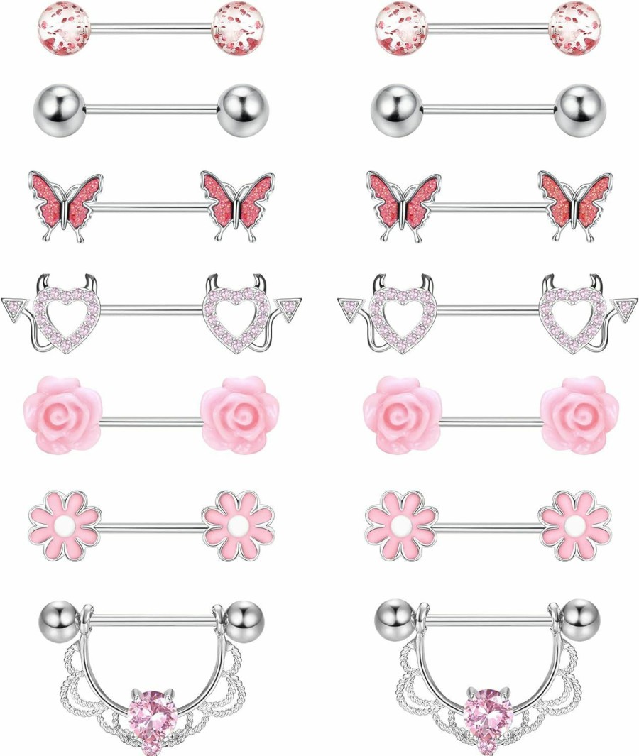 JeryWe Jerywe 7 Pairs 14G Nipple Rings For Women 316L Stainless Steel Heart Butterfly Cz Flower Barbell Nipple Rings Set Cute Nipplerings Piercing Jewelry | Body Piercing Barbells