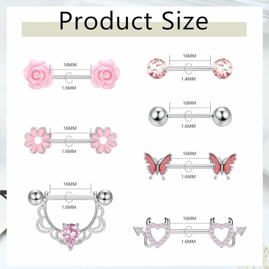 JeryWe Jerywe 7 Pairs 14G Nipple Rings For Women 316L Stainless Steel Heart Butterfly Cz Flower Barbell Nipple Rings Set Cute Nipplerings Piercing Jewelry | Body Piercing Barbells