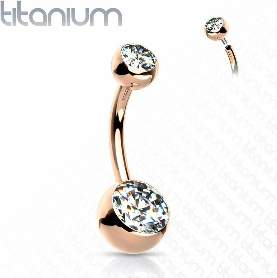 FIFTH CUE Fifth Cue 14G Solid G23 Implant Grade Titanium Internally Threaded Double Jeweled Naval Belly Ring | Body Piercing Barbells