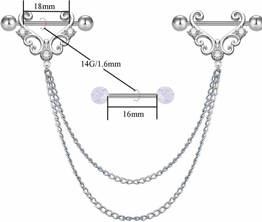 VERAMI Verami 14G 316L Double Chain Connecting Heart Cz Nipple Rings Stainless Steel Skull Angel Piercing Barbell Body Pierced Jewelry For Women | Body Piercing Barbells