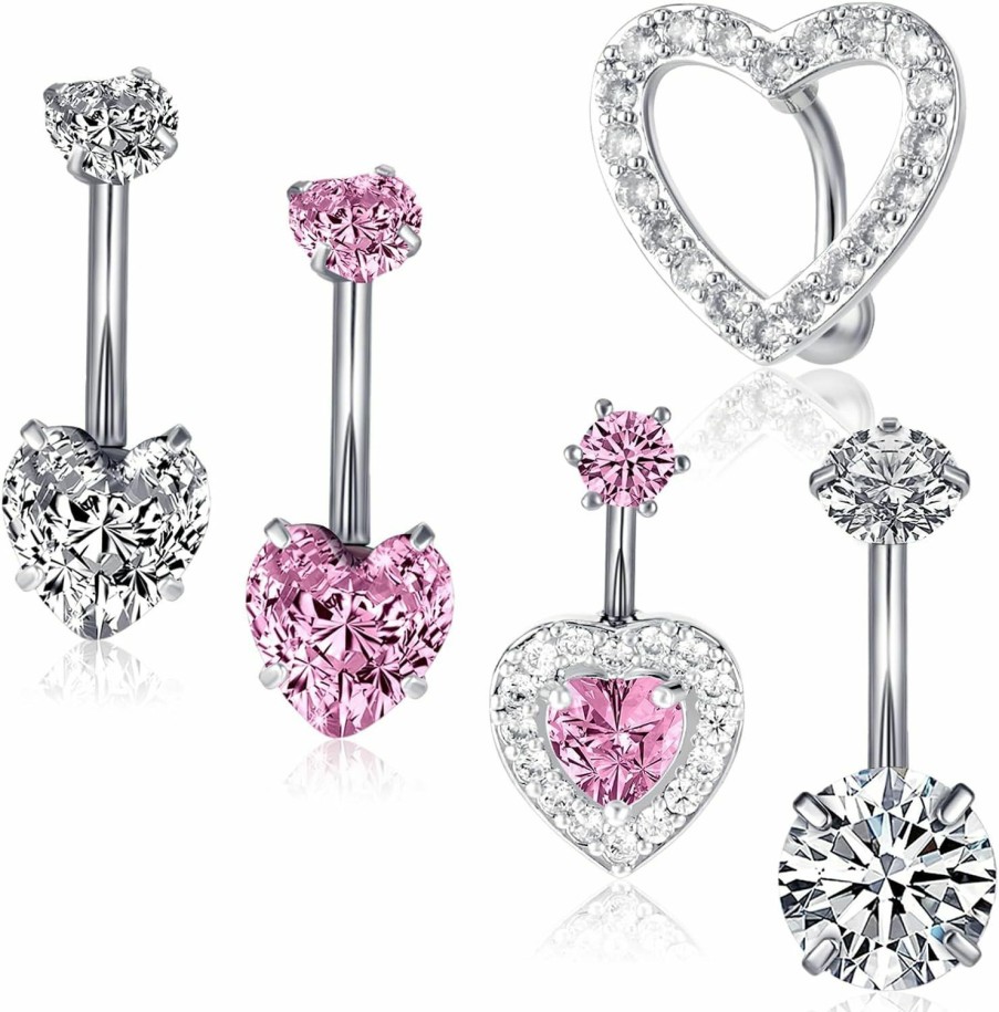 DIVINA VITAE Divina Vitae 5Pcs Belly Button Ring, Cute Pink Silver Heart Surgical Steel Belly Button Rings Navel Piercing Shiny Belly Button Rings Jewelry | Body Piercing Barbells