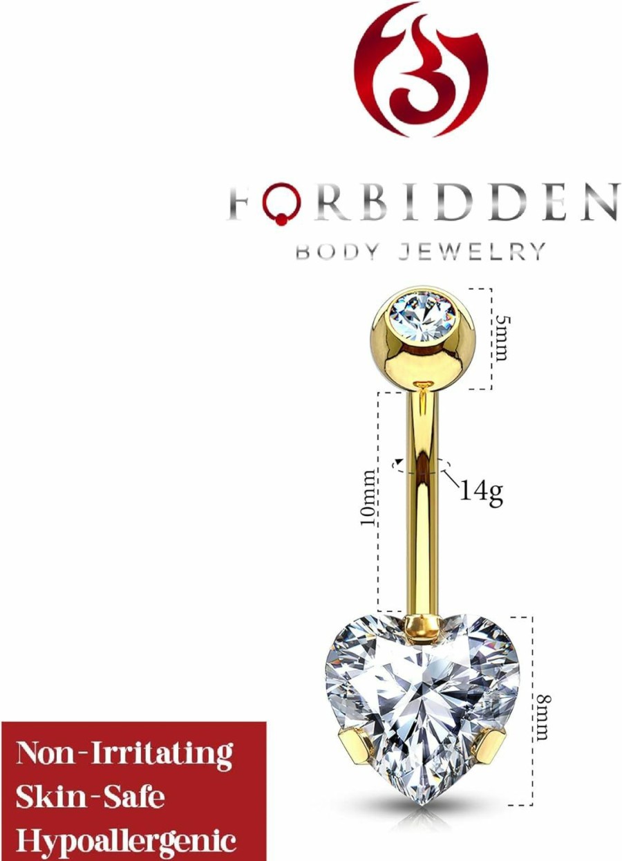 Forbidden Body Jewelry Forbidden Body Jewelry 14G Tri-Prong Heart Shaped Cz Solitaire Belly Button Ring | Body Piercing Barbells