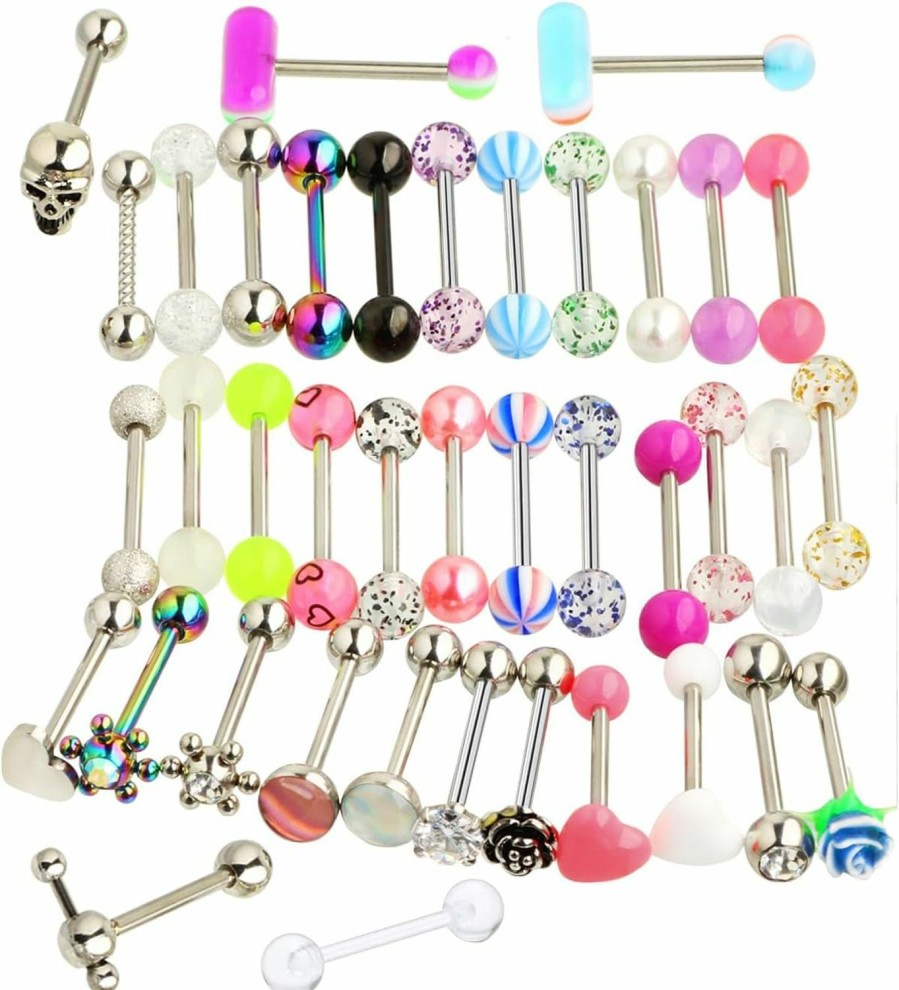 Suotarn Suotarn 14G 39Pcs Stainless Steel Tongue Rings Straight Barbell Tongue Piercing Body Jewelry Acrylic Glow In Dark Clear Boiflex Tongue Bars Retainer For Women Men | Body Piercing Barbells